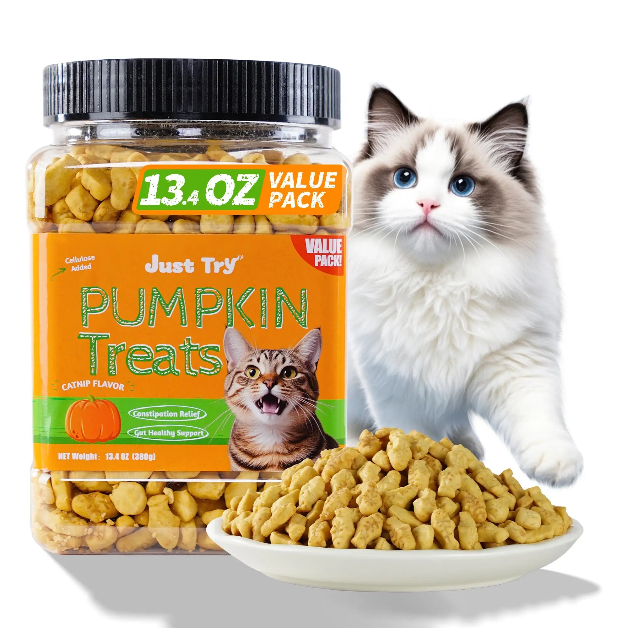 JUSTTRY Pumpkin Cat Treats –Rich in Fibre and Low-Calorie Digestive Snacks for constipation relief, 13.4ozCat Treats
